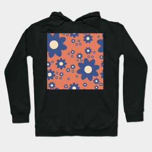 Retro style simple daisy flower in denim blue, zesty orange and off white Hoodie